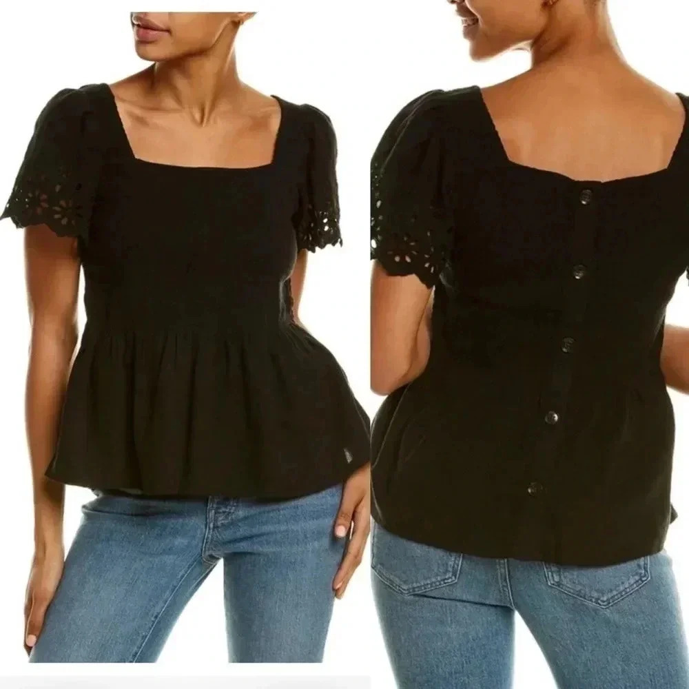 Madewell Eyelet-Sleeve Lucie Smocked Peplum Top NWT Size Small